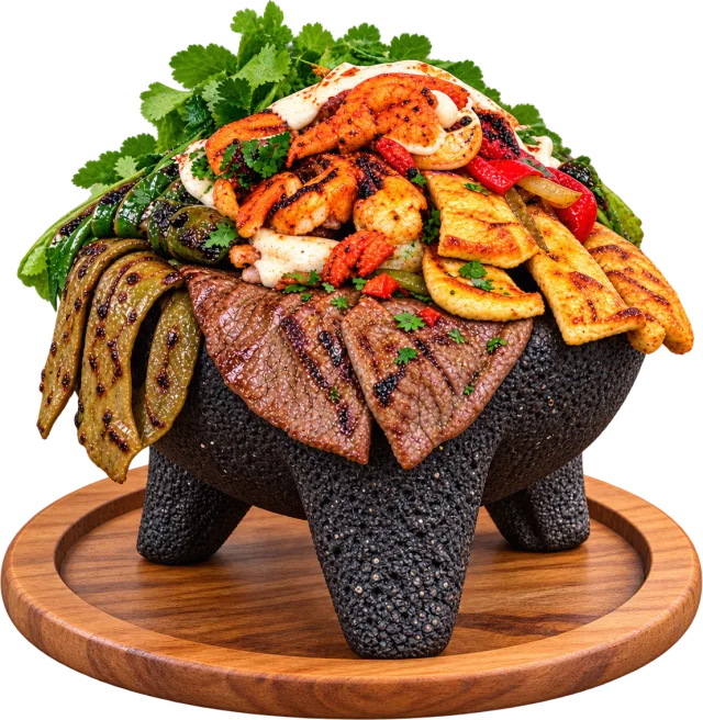 Molcajete Sabor con asada, camarón, pollo y nopales
